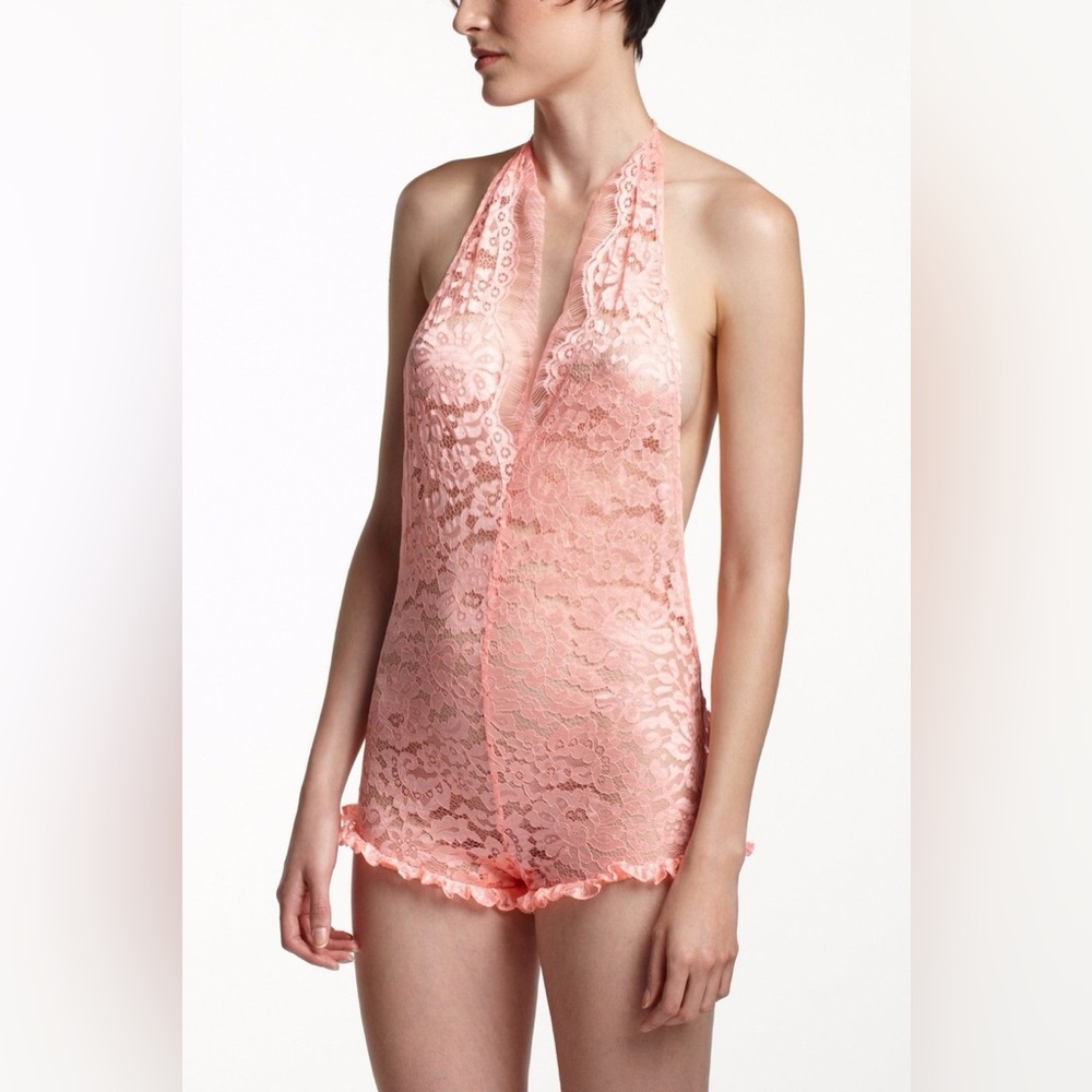 NEW ZINKE Zinnia Anthropologie Scallop Lace Halter Romper Bodysuit Teddy pink S